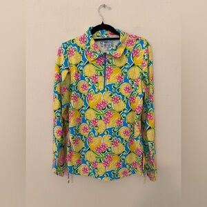 IBKUL Long Sleeve Lemon Print Quarter Zip Polo Sz M UPF Pickleball Tennis Preppy